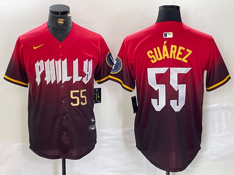 Men Philadelphia Phillies #55 Suarez Red City Edition Nike 2024 MLB Jersey style 3
